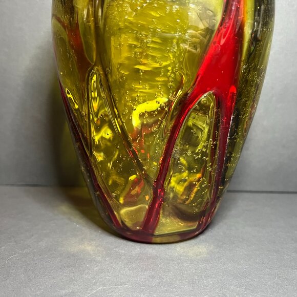 Vintage Murano Style Retro Amber & Red Hand Blown Abstract Bubble Vase 7.75" - Picture 5 of 7